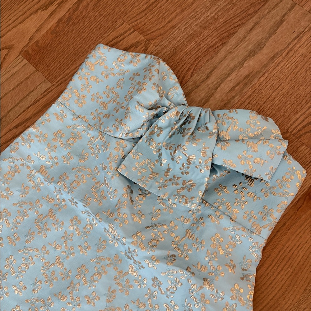 Lilly Pulitzer Strapless Light Blue Dress with Gold Floral Jacquard - Picture 6 of 9